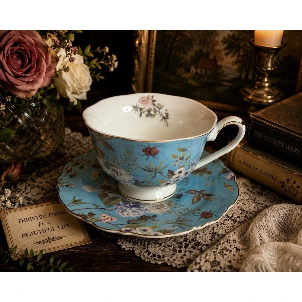 Grace Teaware Blue Floral Garden Oversized Teacup & Saucer Porcelain Gold Trim